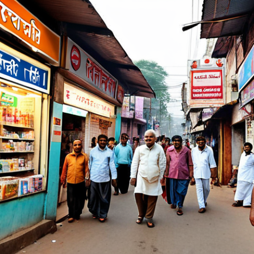 Home 11 Pharmacy Location**
* **Prompt:** A bustling street scene in India. A brightly lit pharmacy storefront with a prominent sign in Hindi. People of all ages are walking by. In the background, a hospital or busy market. Good visibility and parking. Focus on accessibility and high traffic.
**