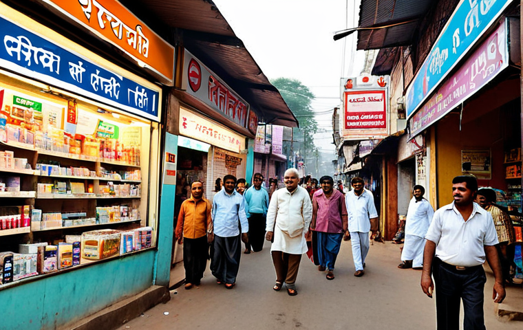 Pharmacy Location**
* **Prompt:** A bustling street scene in India. A brightly lit pharmacy storefront with a prominent sign in Hindi. People of all ages are walking by. In the background, a hospital or busy market. Good visibility and parking. Focus on accessibility and high traffic.
**
