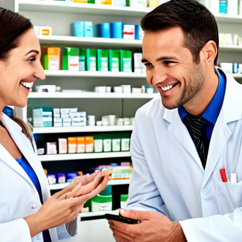 Home 6 Pharmacist communicating with a customer, smiling and helpful, in a bright and modern pharmacy setting.