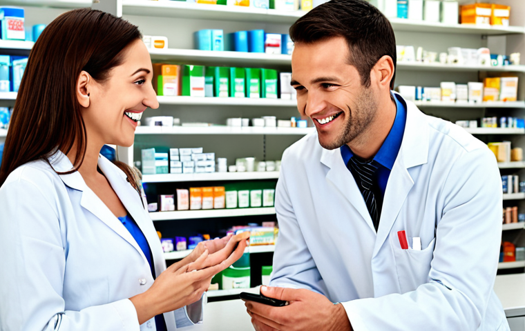 Pharmacist communicating with a customer, smiling and helpful, in a bright and modern pharmacy setting.