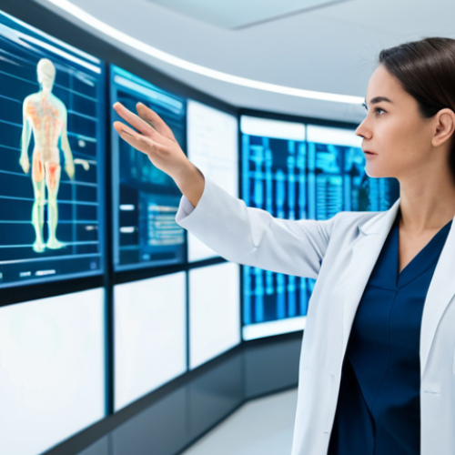 Home 24 A professional female pharmacist, fully clothed in a modest, clean white lab coat over professional attire, standing confidently in a bright, futuristic medical information center. She is gesturing towards a large, interactive transparent digital screen displaying clear, comprehensive medicine data and AI-driven insights. The background is clean and organized, with soft ambient lighting. Perfect anatomy, correct proportions, natural pose, well-formed hands, proper finger count, natural body proportions. High-quality professional photography, safe for work, appropriate content, modest, family-friendly.
