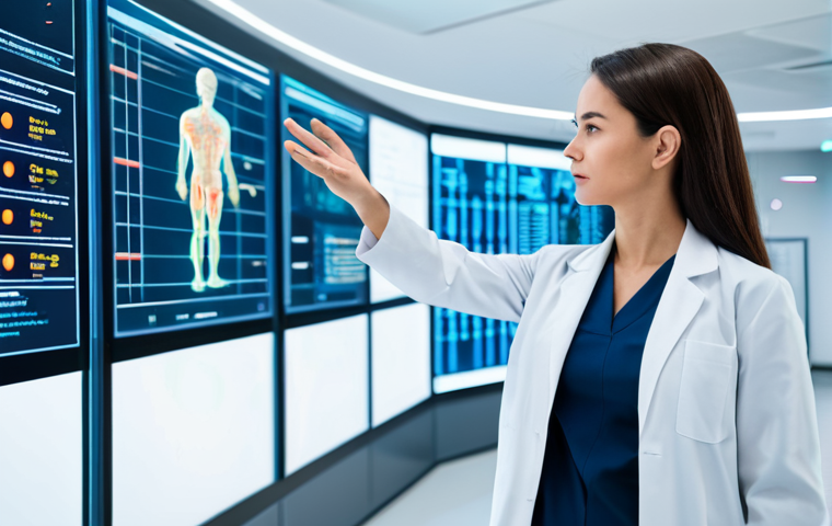 A professional female pharmacist, fully clothed in a modest, clean white lab coat over professional attire, standing confidently in a bright, futuristic medical information center. She is gesturing towards a large, interactive transparent digital screen displaying clear, comprehensive medicine data and AI-driven insights. The background is clean and organized, with soft ambient lighting. Perfect anatomy, correct proportions, natural pose, well-formed hands, proper finger count, natural body proportions. High-quality professional photography, safe for work, appropriate content, modest, family-friendly.