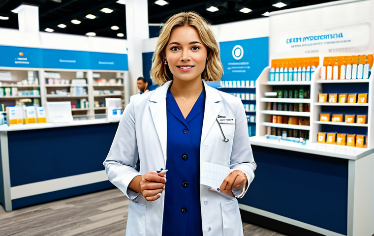 Pharmacist Career Exploration**

A confident pharmacist, fully clothed in professional attire, standing in a modern career fair setting, surrounded by diverse company booths. The scene conveys exploration and opportunity. Safe for work, appropriate content, perfect anatomy, professional, well-formed hands, proper finger count, natural body proportions.

**