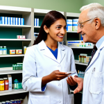 Pharmacist Counseling a Patient**

"A friendly pharmacist, fully clothed in a professional lab coat, explaining medication instructions to a patient in a brightly lit pharmacy. The patient is an older adult, dressed in modest clothing. Shelves stocked with medicine are in the background. Emphasis on clear communication and patient care. Safe for work, appropriate content, professional, perfect anatomy, natural proportions, well-formed hands, proper finger count, high quality."

**