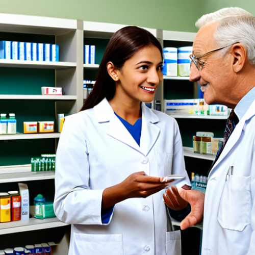 Home 9 Pharmacist Counseling a Patient**
"A friendly pharmacist, fully clothed in a professional lab coat, explaining medication instructions to a patient in a brightly lit pharmacy. The patient is an older adult, dressed in modest clothing. Shelves stocked with medicine are in the background. Emphasis on clear communication and patient care. Safe for work, appropriate content, professional, perfect anatomy, natural proportions, well-formed hands, proper finger count, high quality."
**