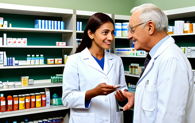 Pharmacist Counseling a Patient**

"A friendly pharmacist, fully clothed in a professional lab coat, explaining medication instructions to a patient in a brightly lit pharmacy. The patient is an older adult, dressed in modest clothing. Shelves stocked with medicine are in the background. Emphasis on clear communication and patient care. Safe for work, appropriate content, professional, perfect anatomy, natural proportions, well-formed hands, proper finger count, high quality."

**