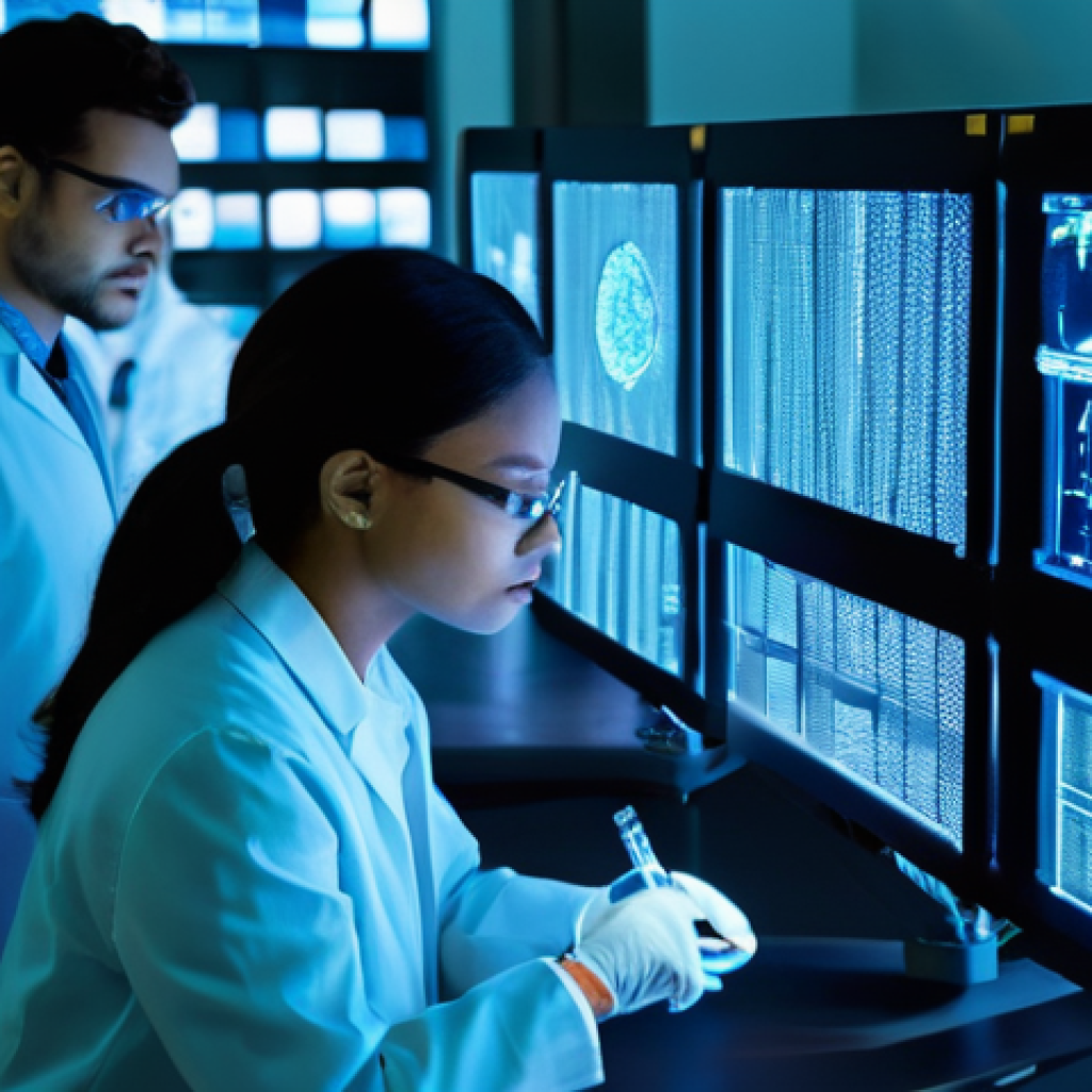 약사 약물 개발 프로세스 설명 - **Prompt:** "A diverse group of highly focused scientists (male and female, of various ethnicities) ...