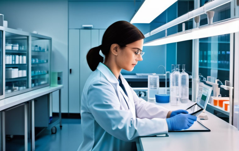 약사 약물 개발 프로세스 설명 - **Prompt:** "A diverse group of highly focused scientists (male and female, of various ethnicities) ...