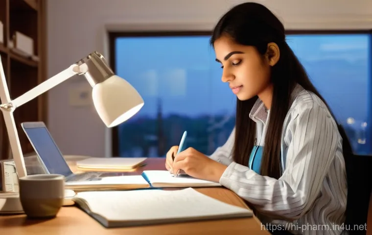 약사 국가고시 준비 커뮤니티 - **Prompt 1: Focused Pharmacist Student Studying**
"A young Indian female pharmacist student, aro...