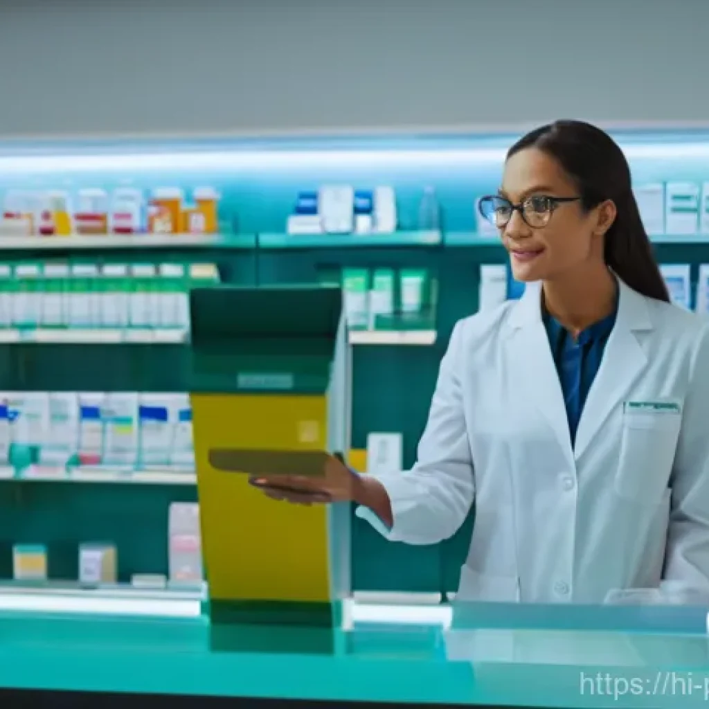약사 근무 환경과 스트레스 관리 - A mid-career female pharmacist, dressed in a clean, professional white lab coat and sensible shoes, ...