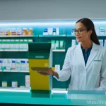 약사 근무 환경과 스트레스 관리 - A mid-career female pharmacist, dressed in a clean, professional white lab coat and sensible shoes, ...