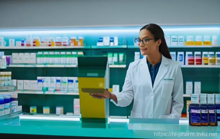 약사 근무 환경과 스트레스 관리 - A mid-career female pharmacist, dressed in a clean, professional white lab coat and sensible shoes, ...