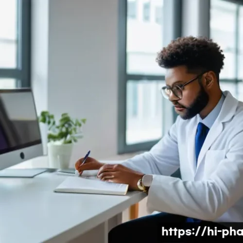 Home 24 약사 온라인 학습 플랫폼 추천 - **Prompt:** A diverse, mid-career pharmacist, either male or female, is comfortably seated at a clea...