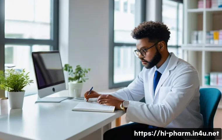 약사 온라인 학습 플랫폼 추천 - **Prompt:** A diverse, mid-career pharmacist, either male or female, is comfortably seated at a clea...