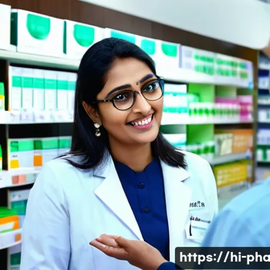 약사 복약지도 효과 높이는 법 - A friendly Indian pharmacist in a bright, modern pharmacy setting, speaking clearly to a middle-aged...