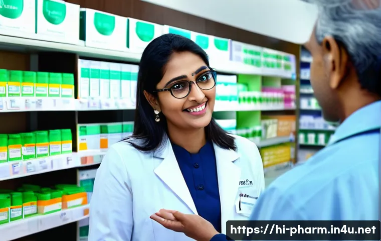 약사 복약지도 효과 높이는 법 - A friendly Indian pharmacist in a bright, modern pharmacy setting, speaking clearly to a middle-aged...