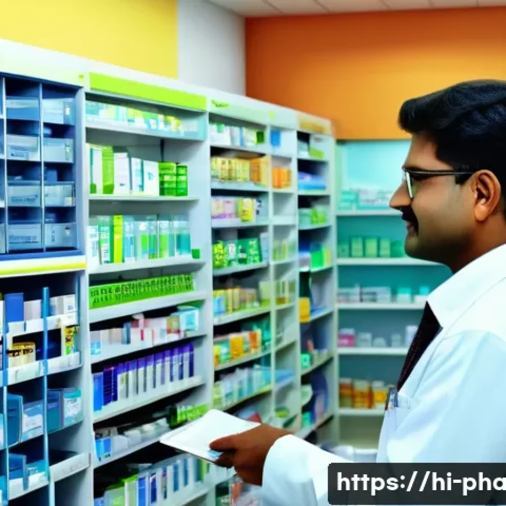 약사 약국 소프트웨어 활용 사례 - A modern Indian pharmacy interior with a pharmacist using advanced digital pharmacy software on a to...