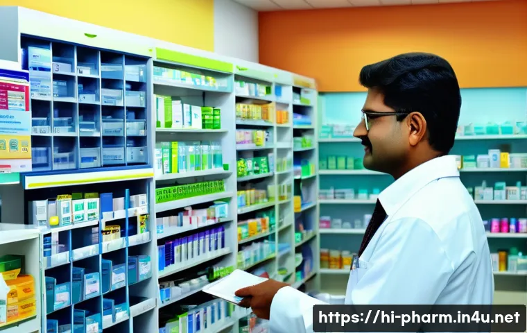 약사 약국 소프트웨어 활용 사례 - A modern Indian pharmacy interior with a pharmacist using advanced digital pharmacy software on a to...