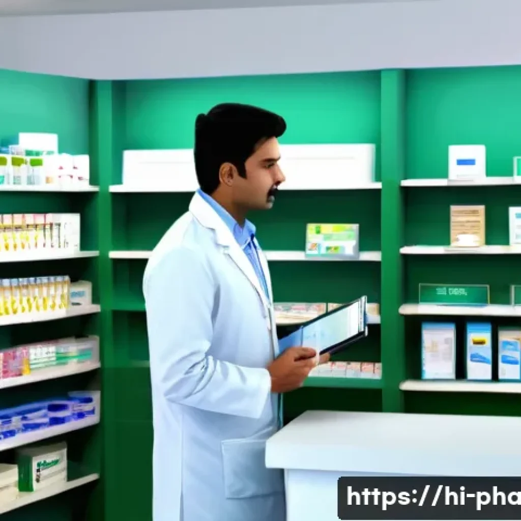 약사 약국 창업 실패 사례 분석 - A detailed scene of a modern Indian pharmacy interior, showing a well-organized medicine shelf stock...