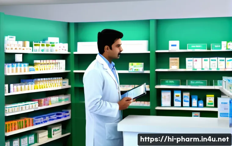 약사 약국 창업 실패 사례 분석 - A detailed scene of a modern Indian pharmacy interior, showing a well-organized medicine shelf stock...