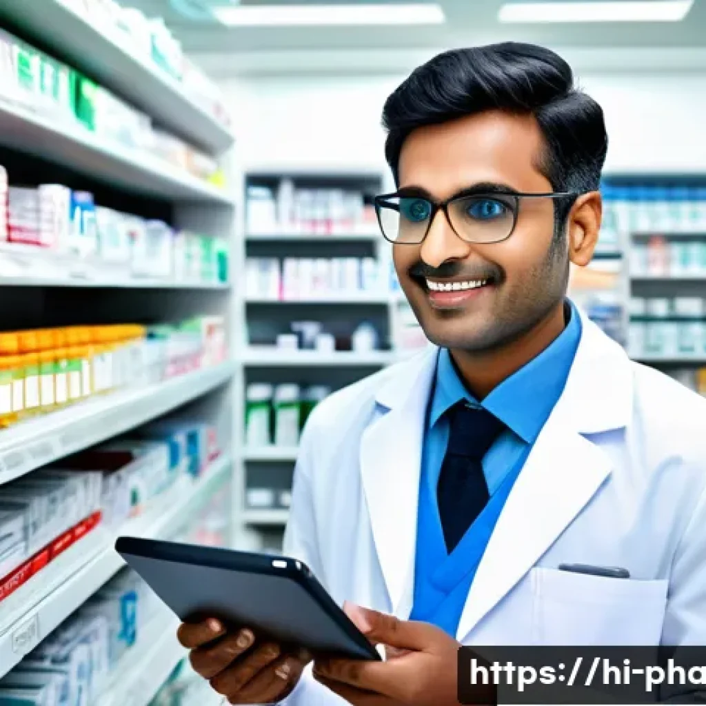약사 약물 데이터 정리 기술 - A modern Indian pharmacist in a clean, well-organized pharmacy using a digital tablet displaying a s...