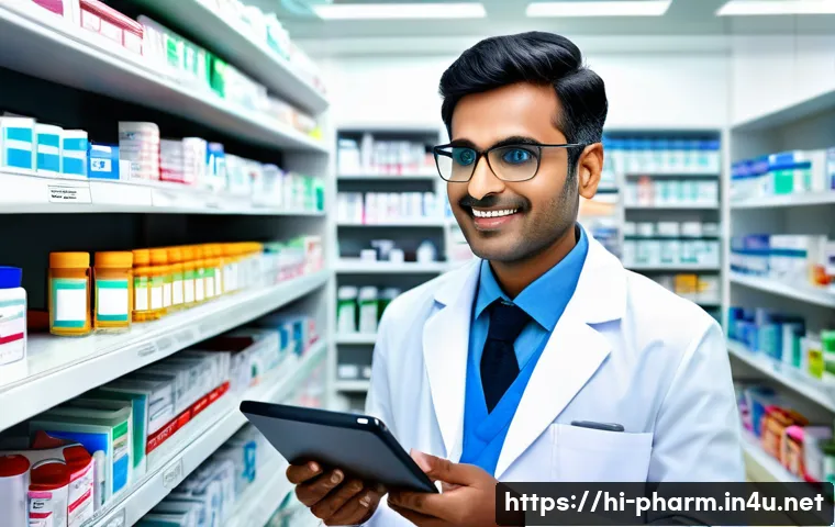 약사 약물 데이터 정리 기술 - A modern Indian pharmacist in a clean, well-organized pharmacy using a digital tablet displaying a s...