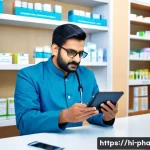약사와 원격의료 시대 - A modern telemedicine consultation scene featuring an Indian pharmacist interacting with a middle-ag...