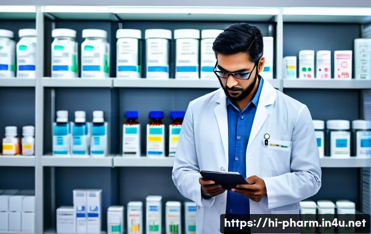 약사 약물 신속 대응 프로세스 - A professional Indian pharmacist in a modern pharmacy setting, attentively monitoring a digital medi...