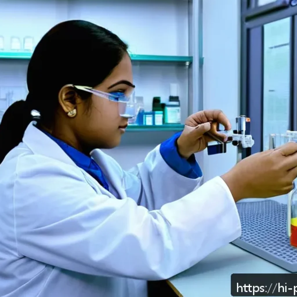 약사 실무 필수 기술 - A detailed pharmacy practical laboratory scene showing a student carefully measuring liquid medicine...