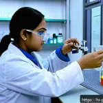 약사 실무 필수 기술 - A detailed pharmacy practical laboratory scene showing a student carefully measuring liquid medicine...