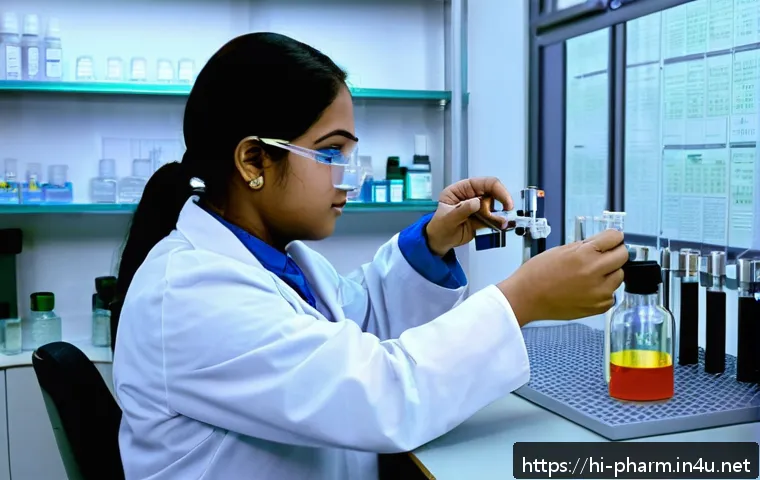 약사 실무 필수 기술 - A detailed pharmacy practical laboratory scene showing a student carefully measuring liquid medicine...