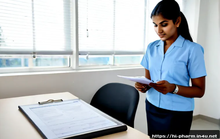 Home 17 약사 약국 창업 시 허가 절차 - Photorealistic Indian pharmacist in a clean professional office, carefully reviewing blank permit ap...