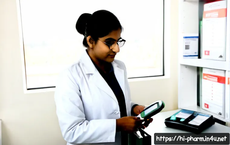 약사와 의료기기 관련 법규 - Photorealistic Indian pharmacist in a clean modern pharmacy, wearing a white coat and examining a se...
